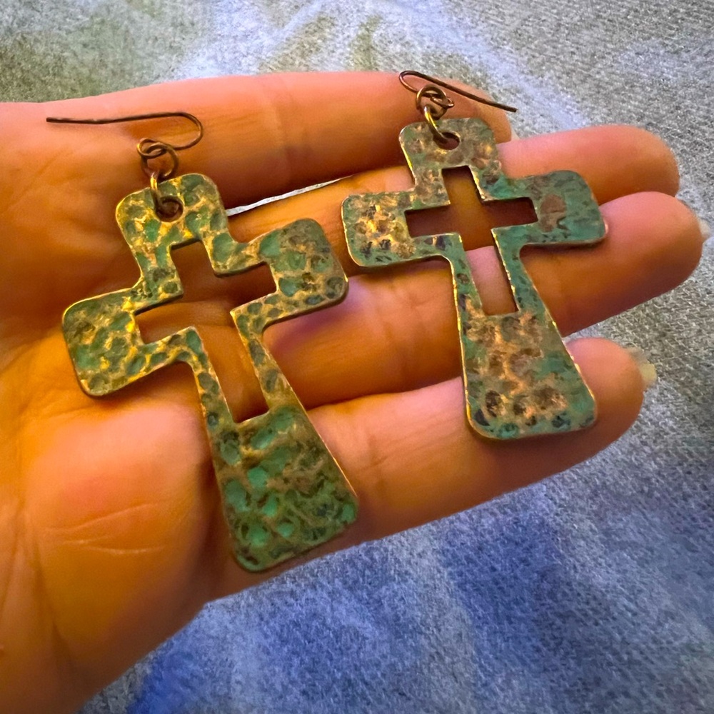 Cross Shaped Copper Tone and Turquoise Colored Hammered Earrings